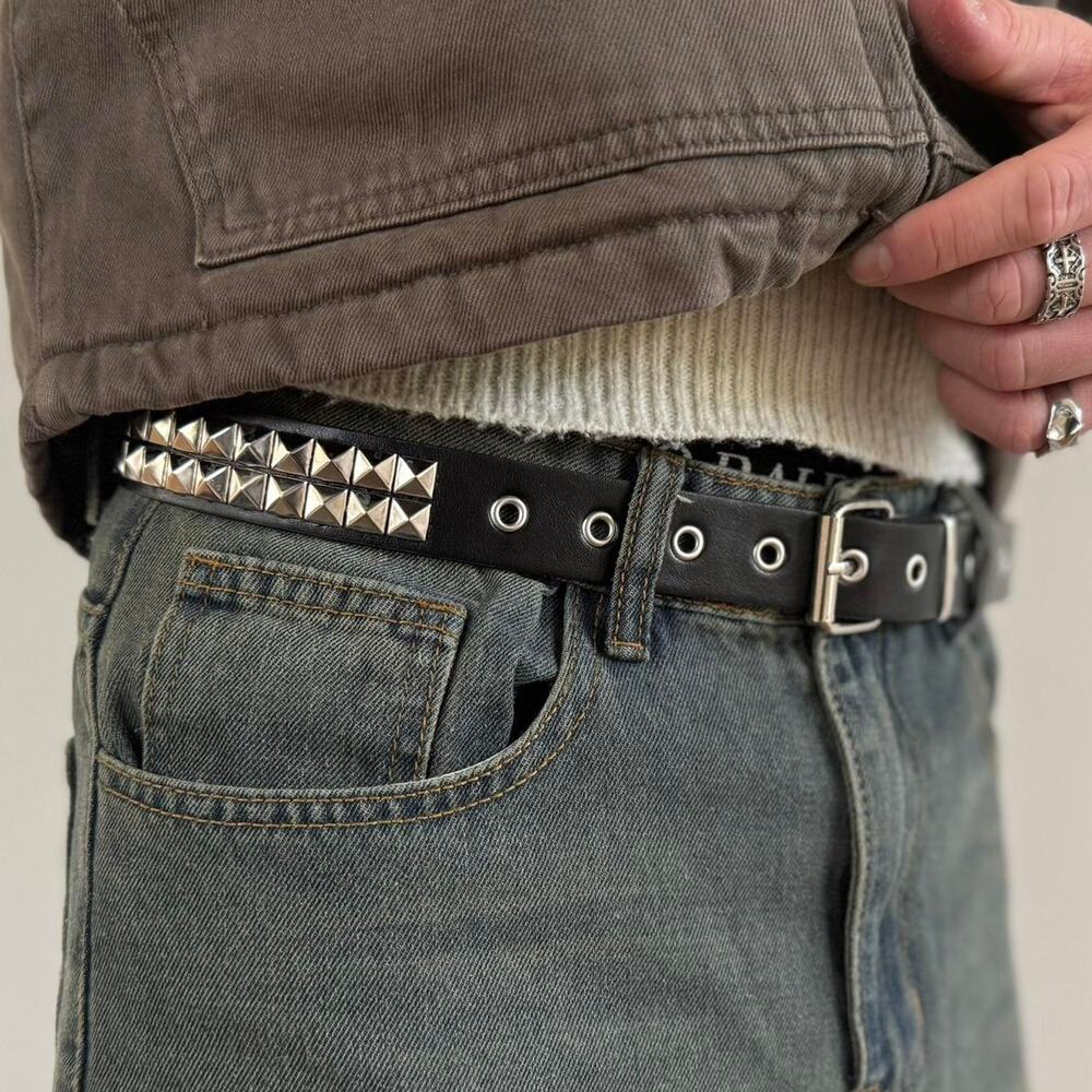 Vintage Black Punk Silver Studded Belt Unisex Boho Style 42" Long